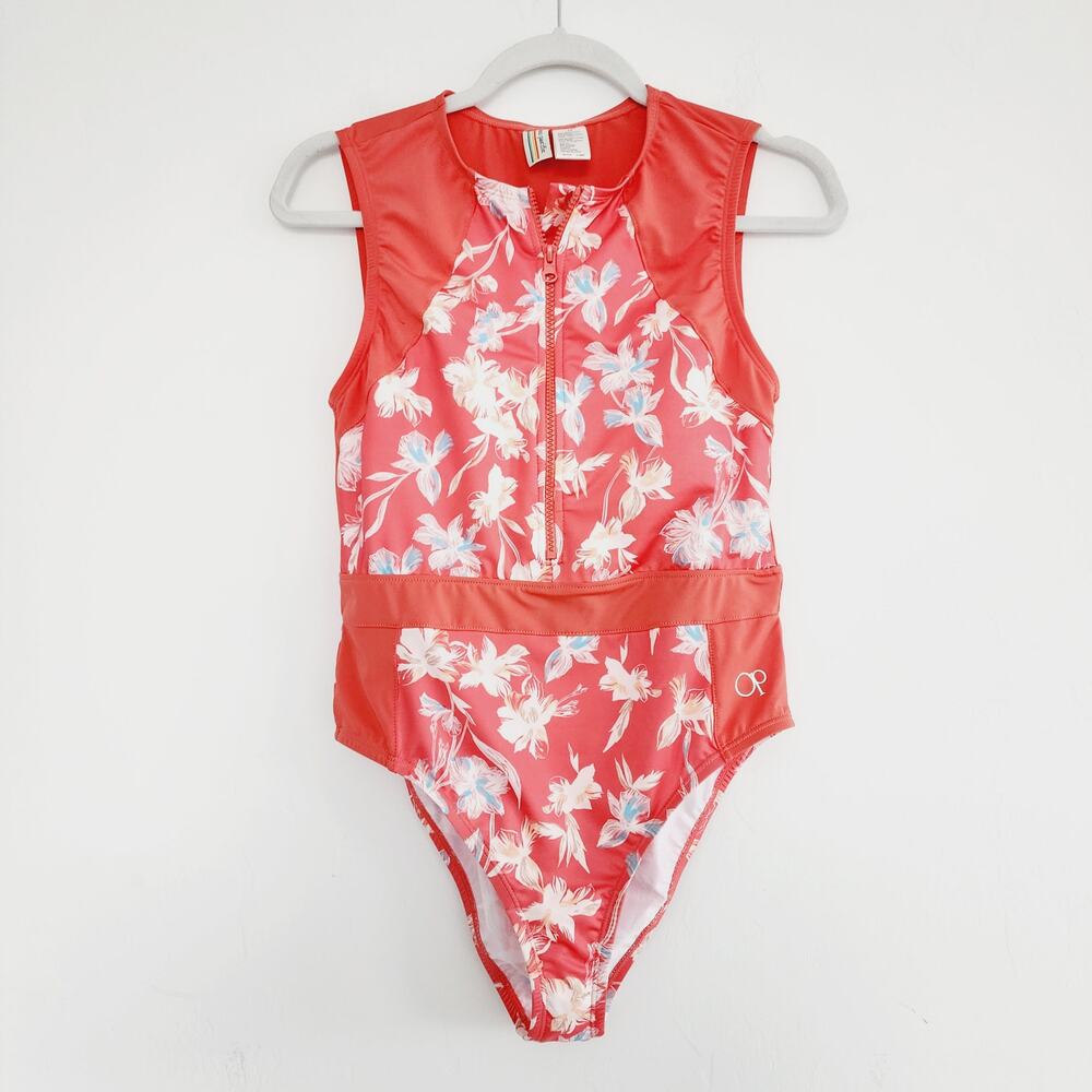 OP Ocean Pacific Coral Orange Floral Print One-Piece Swimsuit Large